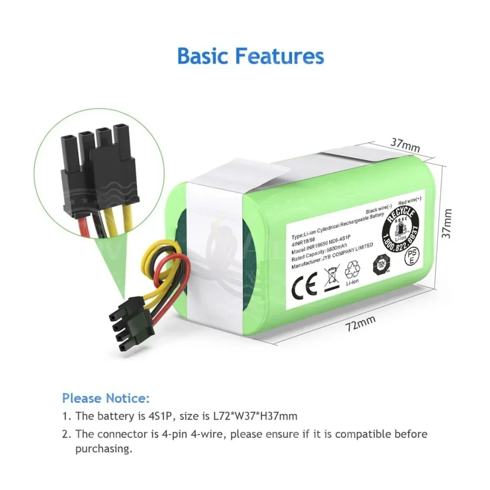 Replacement Battery for Conga 1290 1390 1490 1590,Proscenic Cocoa Smart 780T,790T Robot Vacuum Cleaner 18650 4S1P 14.4V 6800mAh