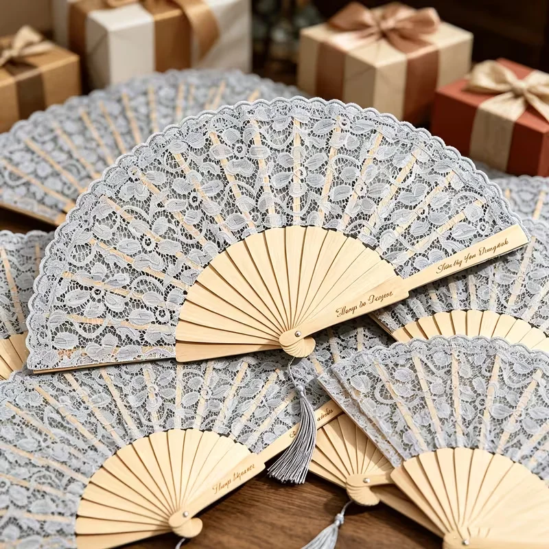 5Pcs/10Pcs/15Pcs/20Pcs Personalized Laser-Engraved Gray Lace Wooden Folding Fan; Custom-Engraved Wedding Keepsake Fan with Gray Tassel; Bridal Party; Suitable for Party Guests; Romantic Keepsake Gift, Friendship Gift f