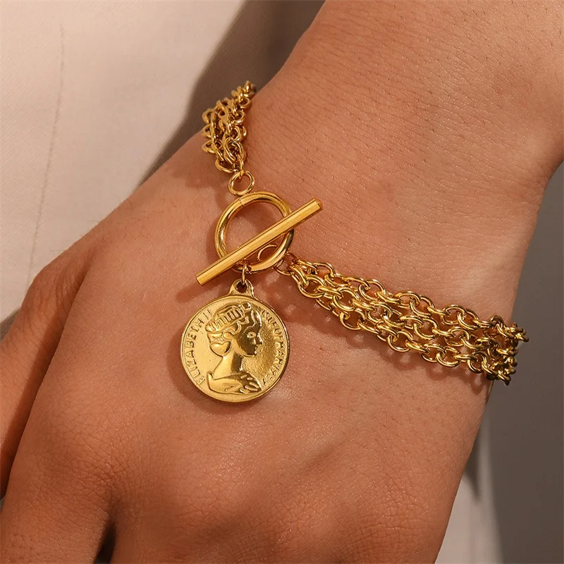 EILIECK 316L Stainless Steel Gold Color Portrait Coin Charm Bracelet Trendy Wrist Chain Jewelry For Women Girl Holiday Gifts