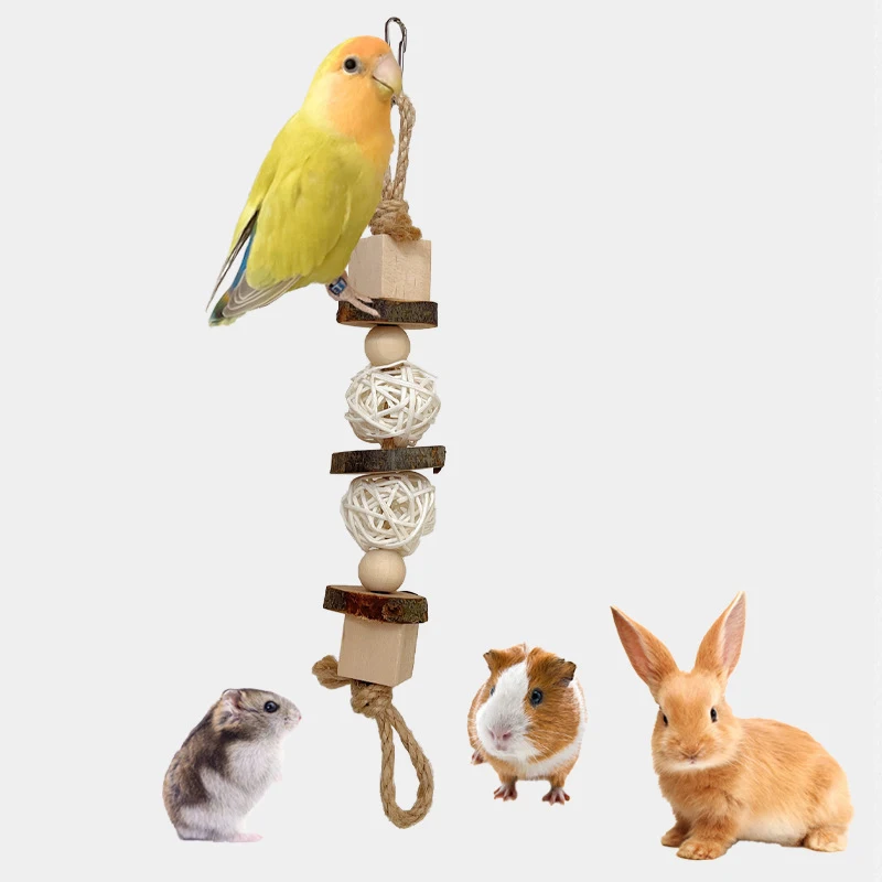 Parrot Rattan Toys Pet Bird Supplies Hanging Cage Bird Toys Beads Bell String Handwoven Bite Chew Toy Ball for Hamster Rabbit