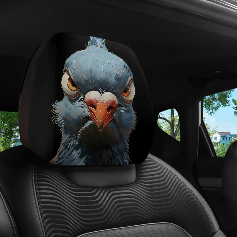 2pcs Creative And Quirky Angry Big-Eyed Pigeon Cartoon Print Pattern Car Seat Headrest Covers, Stylish Car Interior Accessories,