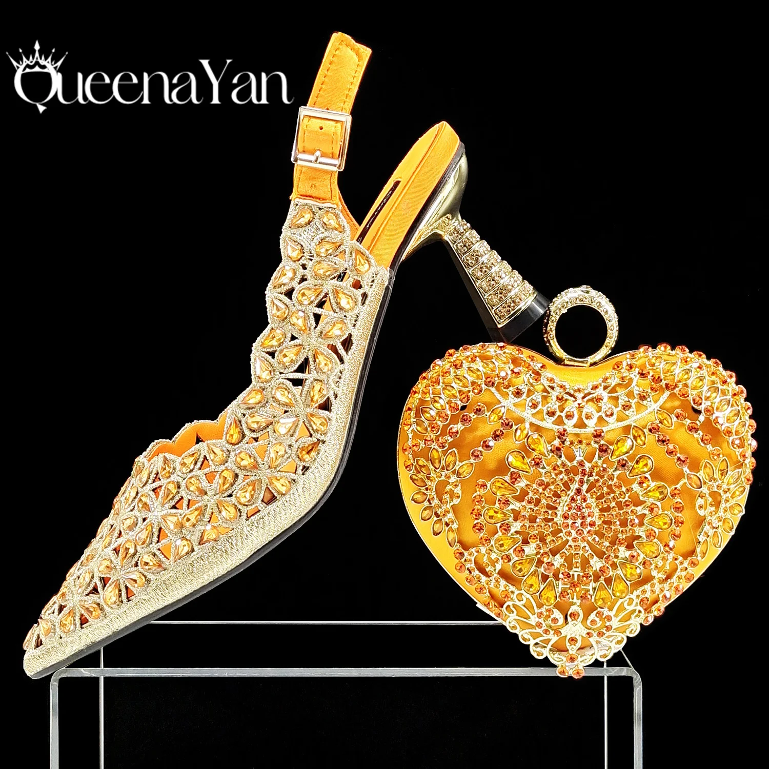 

QSGFC New INS Fashion Style Rhinestone Cutout Party Heels Pointed Toe Orange Women's Heel Shoes and Bags
