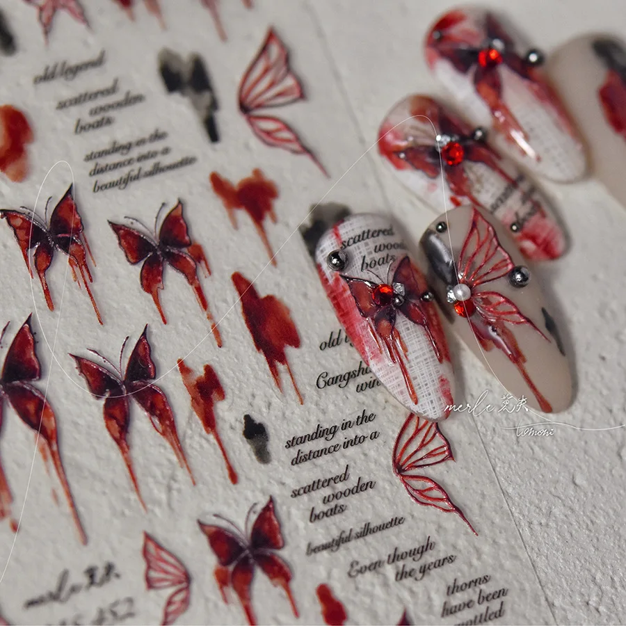 5D Realistic Relief Dark Horror Mystery Halloween Blooding Red Butterfly Adhesive Nail Art Stickers Decals Manicure Ornaments