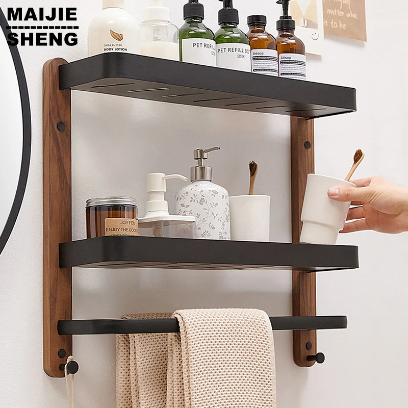 Square Shelves Bathroom Items Storage Rack Single/Double Wall Mounted Kitchen Storage Rack Wood/Aluminum Bathroom Accessories