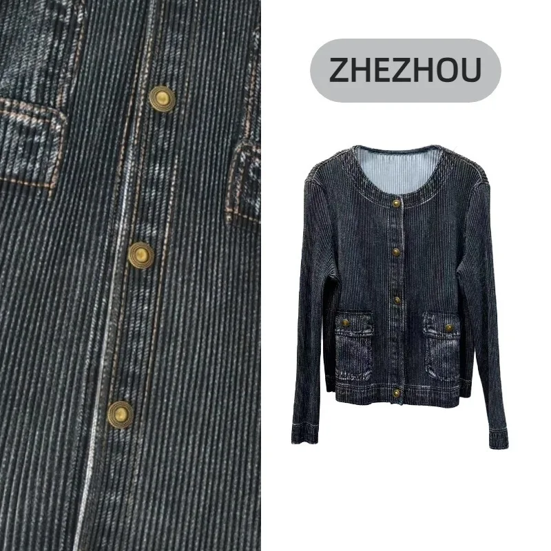 

Плиссированная куртка Miyake, новинка осени 202, винтажная джинсовая куртка с принтом, свободный повседневный кардиган с сотовым воротником, топы, пригородная женская одежда