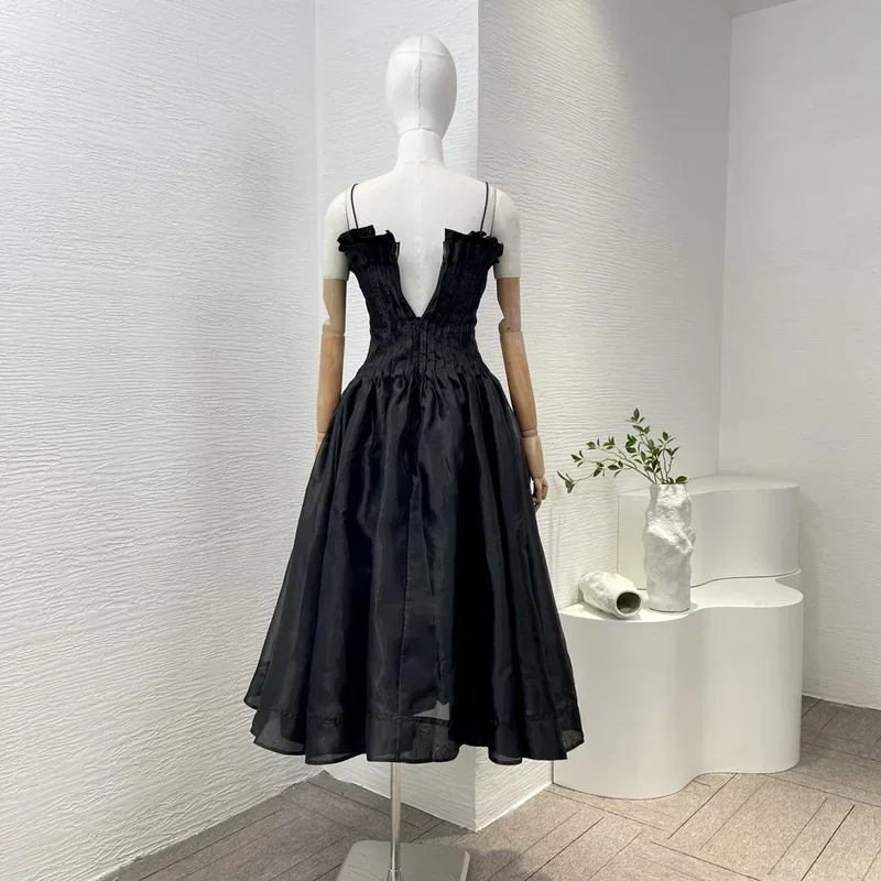 2024 Latest Collection Black Strapless Ruched Pleat Sleeveless High Quality A-line Women Midi Dress