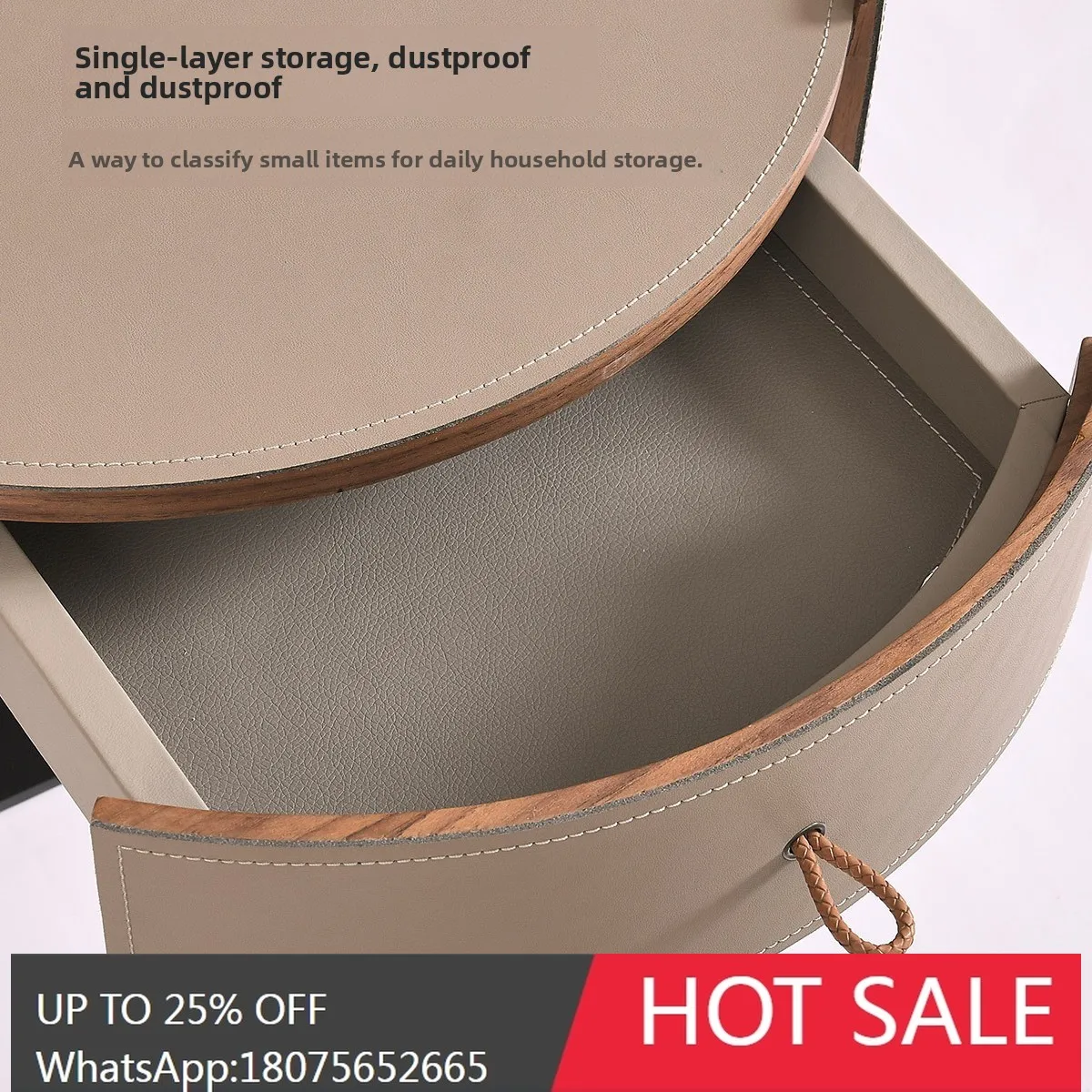 HLZ Italian Minimalist Saddle Leather Bedside Table Round Solid Wood Nightstand Light Luxury Bedroom Small Side Table