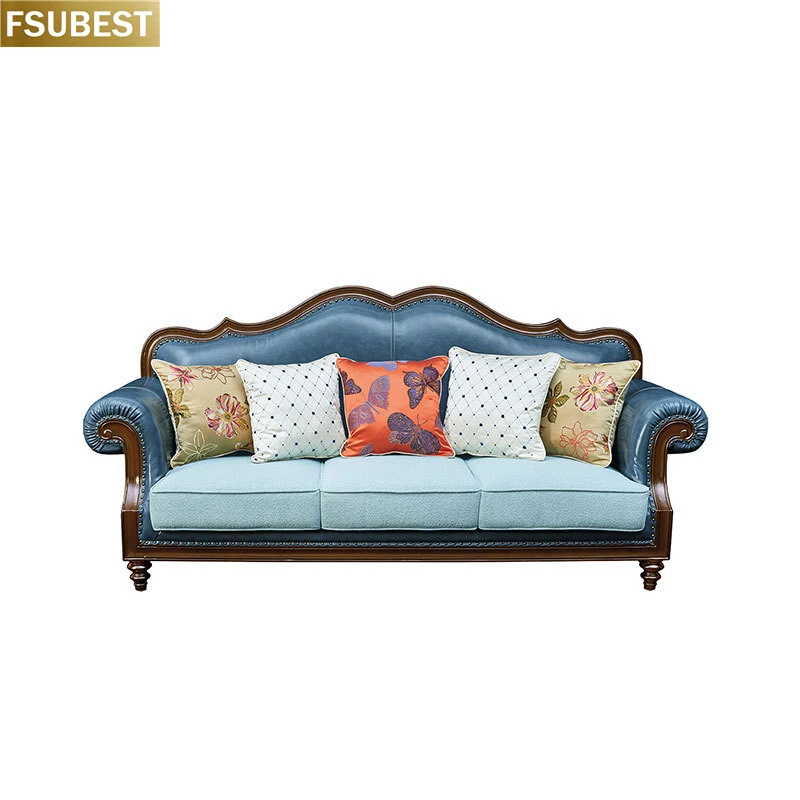 American Style Antique Solid Wood Genuine Leather Sofa Set Living Room Furniture muebles de la sala sofas modernos para sala