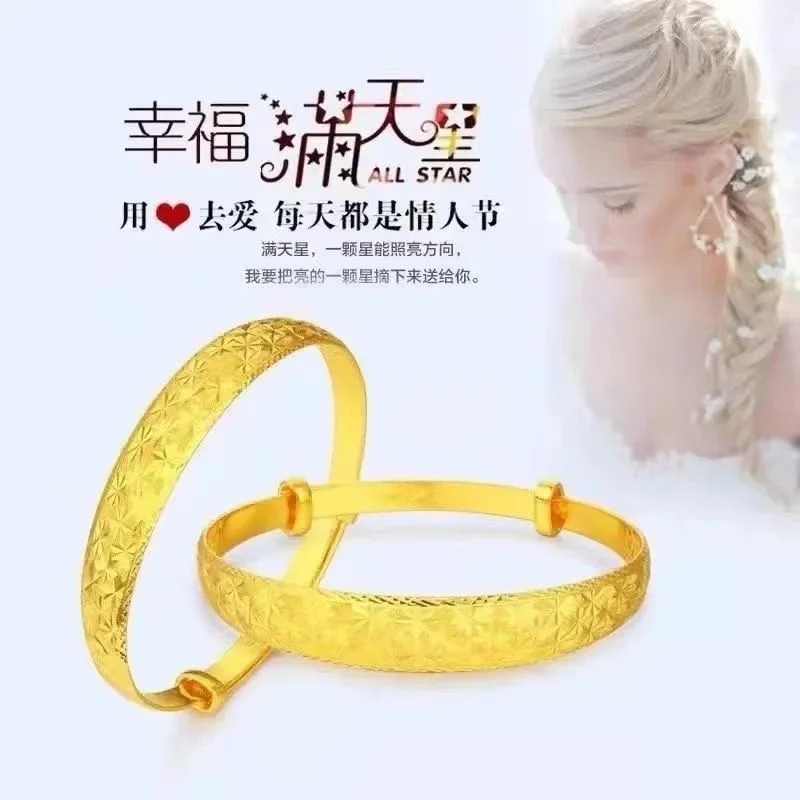 Pure Plated 100% Real Gold 24k Bangle Bracelet for Women\'s Mascot Solid All-star Push-pull As a Gift Girlfriends Pure 18k 999 Go