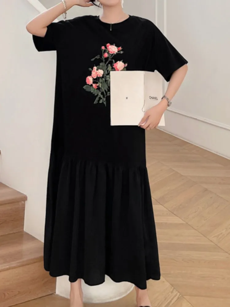 فستان نسائي كوري جديد صيفي كبير الحجم من فيستدوس رداء Elbise فضفاض مرقع هيم طباعة كم قصير فستان طويل فيستدوس