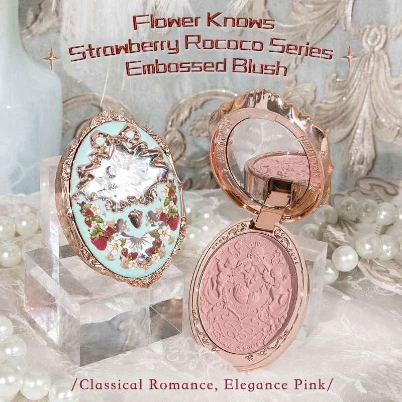 Flower Knows Strawberry Rococo Series Blush met reliëf Natuurlijk waterdicht Anti-zweet Verhelderende huidskleur Contouring Wangtint