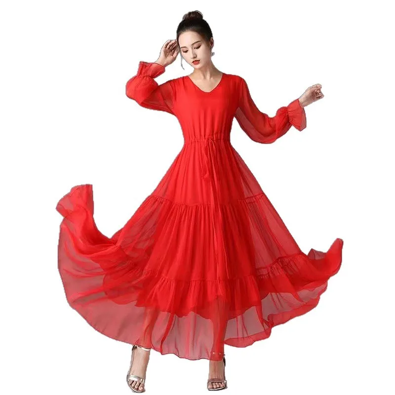 여성 여름 쉬폰 드레스 솔리드 긴팔 보헤미안 비치 드레스 해변 휴가 우아한 라지 스윙 롱 드레스 여성 의류