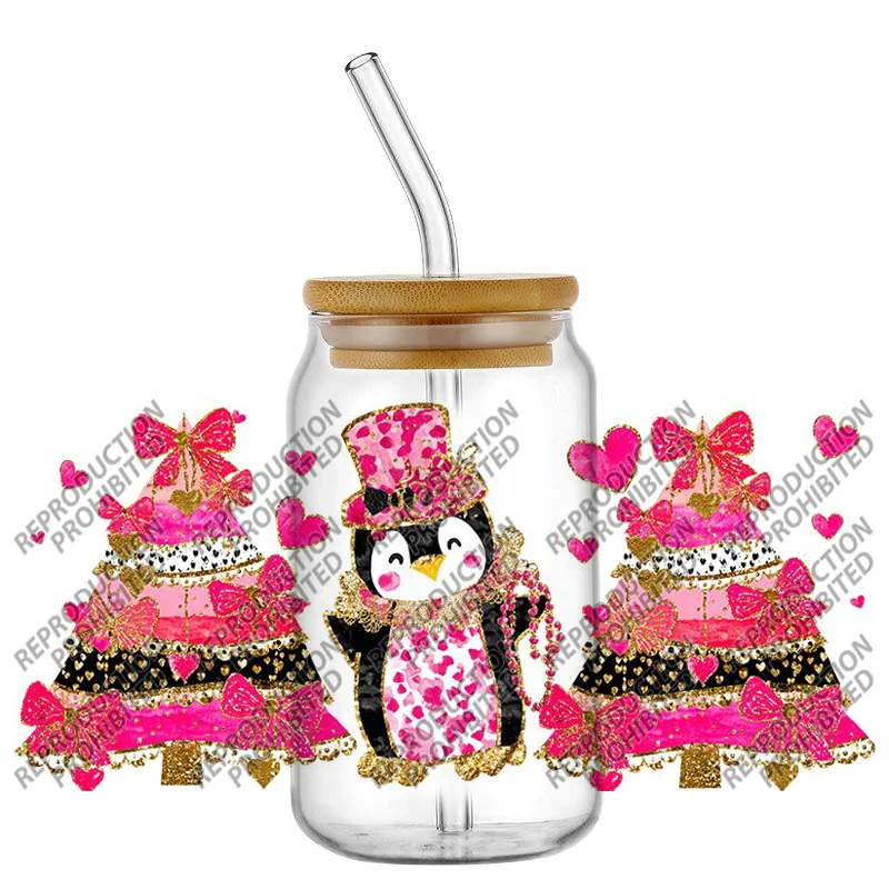 

Popularity Christmas Cartoon Penguin Waterproof DIY Decals 3D Transfers Stickers 16oz UV DTF for Glasses cup Wraps