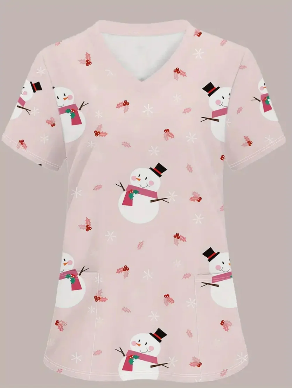 Świąteczne damskie uniformy medyczne Wzór bałwana Dentysta Uniform Moda Krótki rękaw Dekolt w serek Koszulka Scrubs Uniform Kobieta