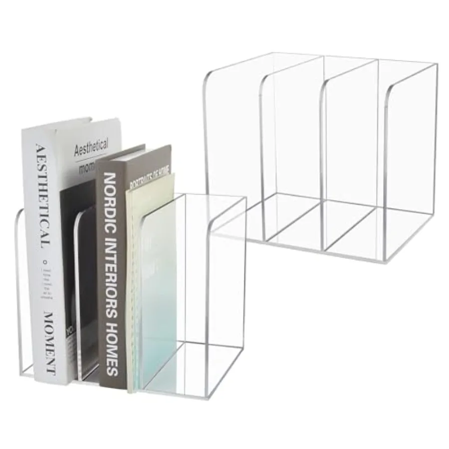 

2 Pack Acrylic Magazine Holder Desk Organizer Clear Bookend File Sorter Holder with 3 Vertical Compartments Folder Rack Office
