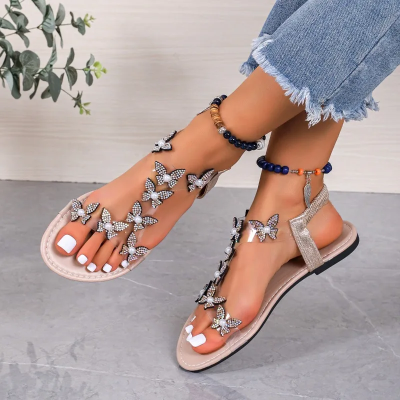 Women\'s Shoes 2024 New Elastic Band Women\'s Sandals Summer Dress Sandals Women Crystal Butterfly Open Toe Plus Size Shoes Women