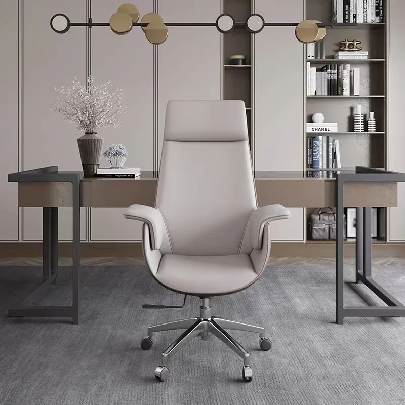 Silla de oficina ergonómica de lujo, silla de oficina giratoria ajustable de cuero Simple, moderna, muebles de habitación de madera maciza