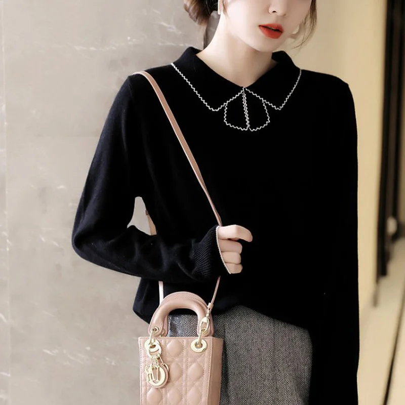 

Ele Knitted Woolen Sweater Women's Turn-down Collar Knitwear Autumn Netie Design Anti-aging Versatile Base Layer irt