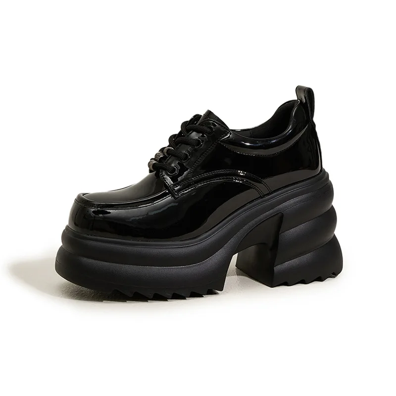 

Женские туфли на платформе в британском стиле на толстой подошве, весенне-осенний сезон, высокий каблук с круглым носком, скрытая высота, увеличивающая рост, на шнуровке