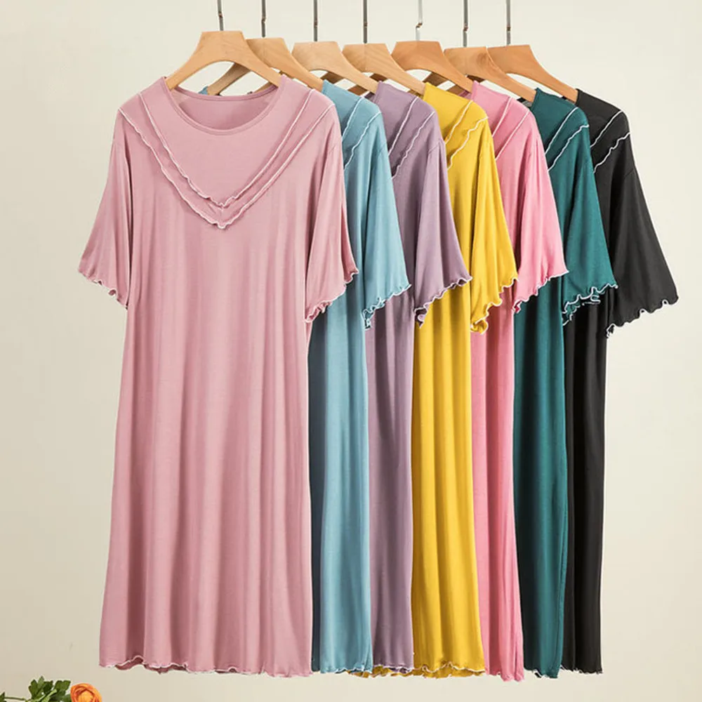 Casual Summer Nightgowns Loose Women Sleeping Dresses Lady Soft Modal Nightdress Solid Color Short Sleeve Female Sleepwear