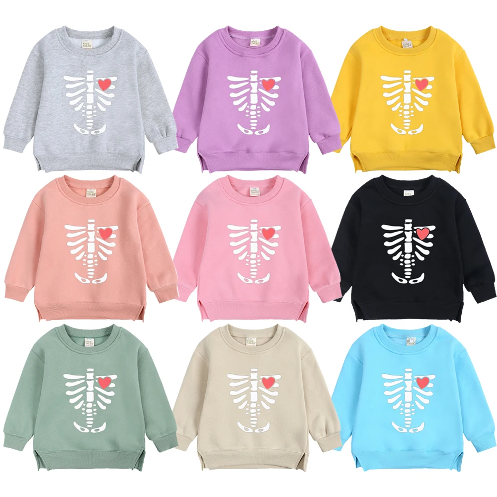 

2024 Children Halloween Sweatshirt Clothes Bone Cartoon Breathable Outfits Boys Girls Spooky Fleece Costume Cosplay Gift For Kid