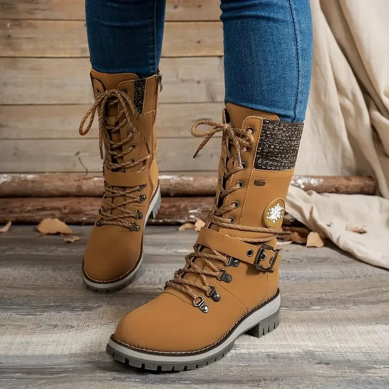 Women\'s Winter Side-pull Lace-up Knitted Mid-tube Boots Low-heeled Round-toe Boots High-quality Winter Warm Boots Botas De Mujer