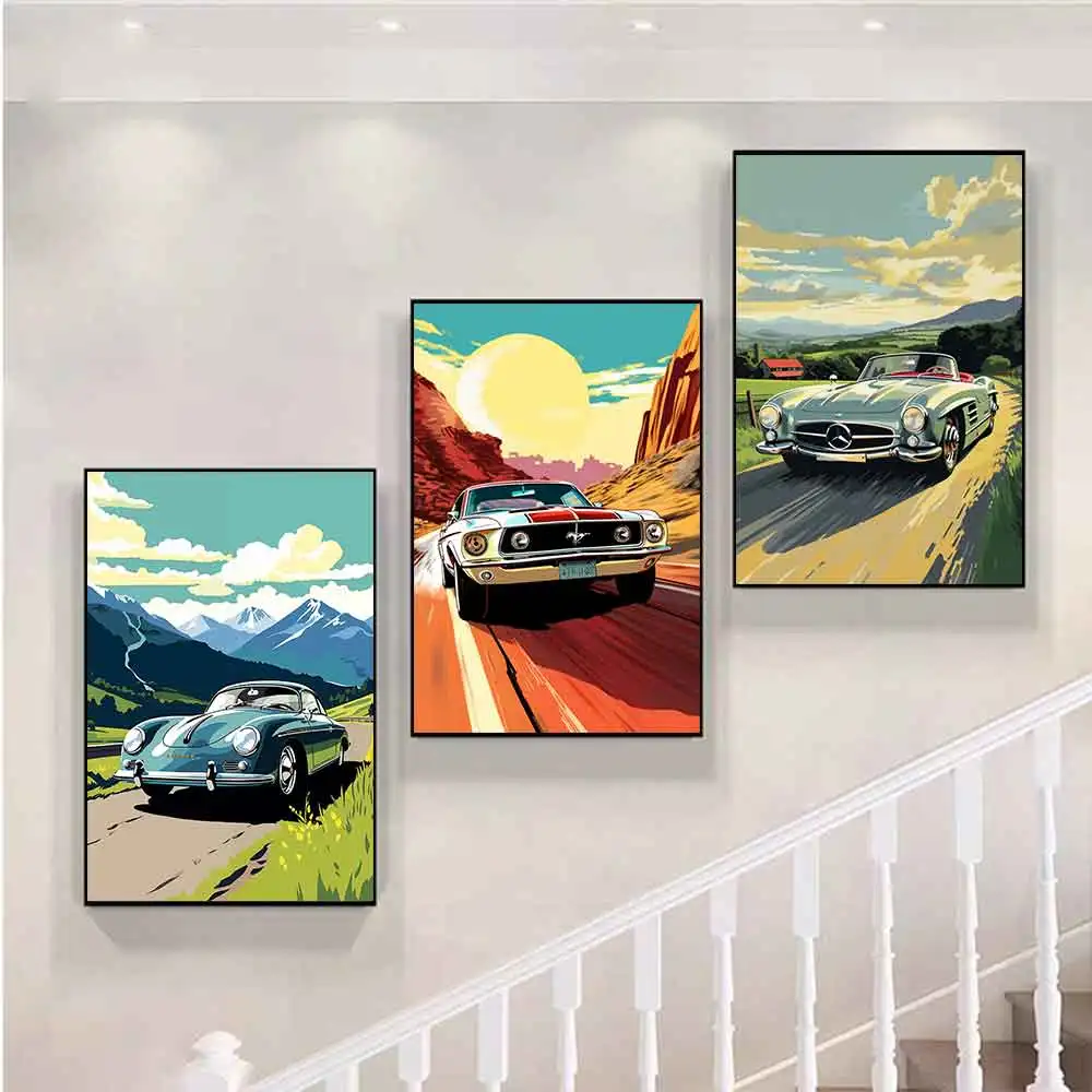 Classic Retro Mustang Muscle Racing Poster Print Vintage Luxury Sports Car Graffiti Canvas Painting Gaming Wall Art Room Decor