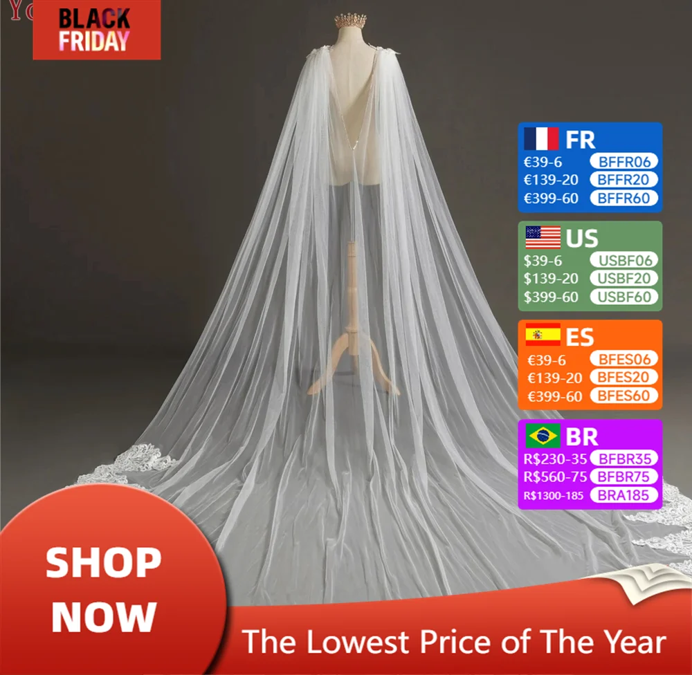 YouLaPan G54 Lace Wedding Bolero Bridal Shawls Summer Cape DIY Veil for Women Tulle Applique Sheer Long Bridal Wrap with Pins