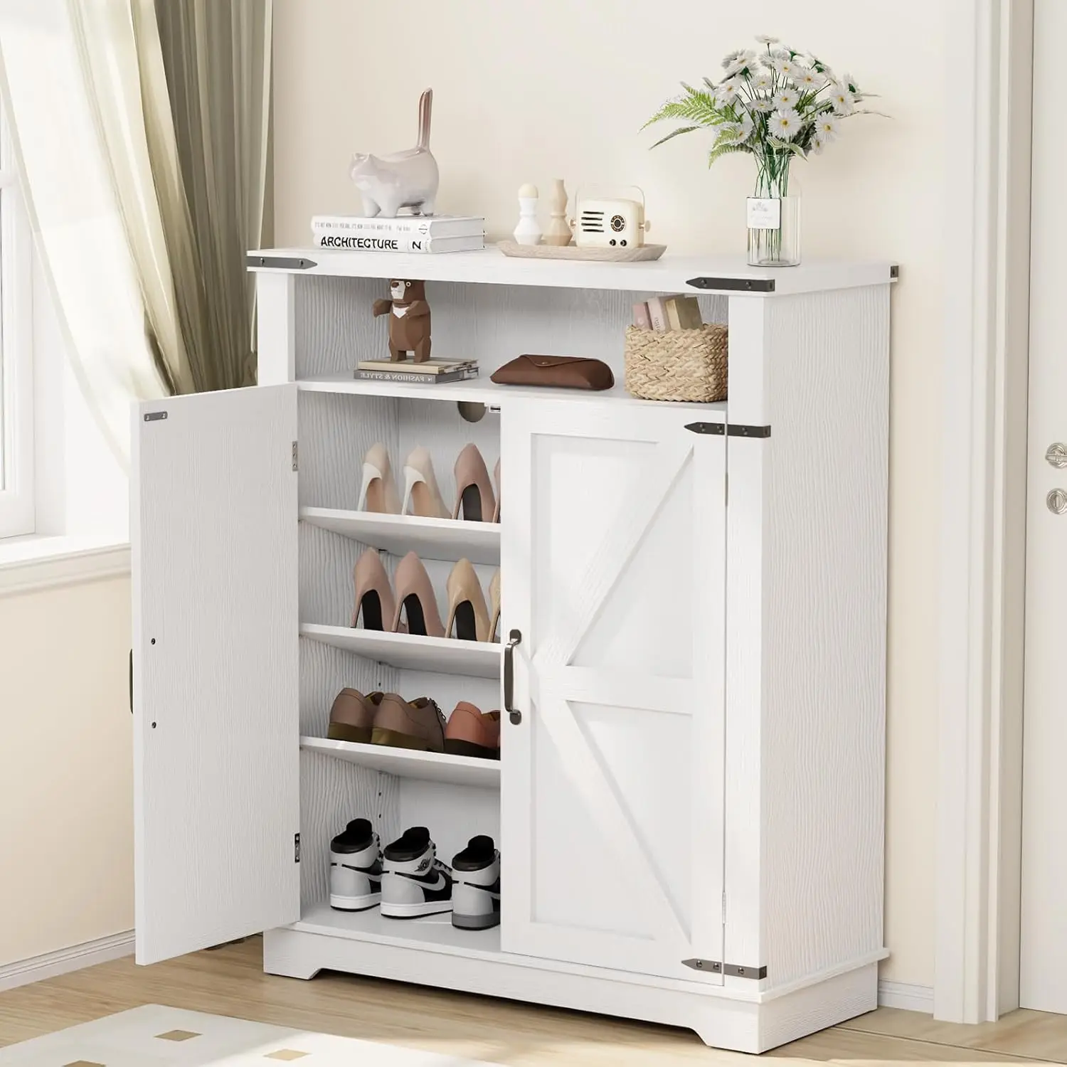 Shoe Storage Cabinet, Farmhouse Shoe Rack Organizer Cabinet with Adjustable Shelf & 2-tier Open Storage, Freestanding shoe cabin