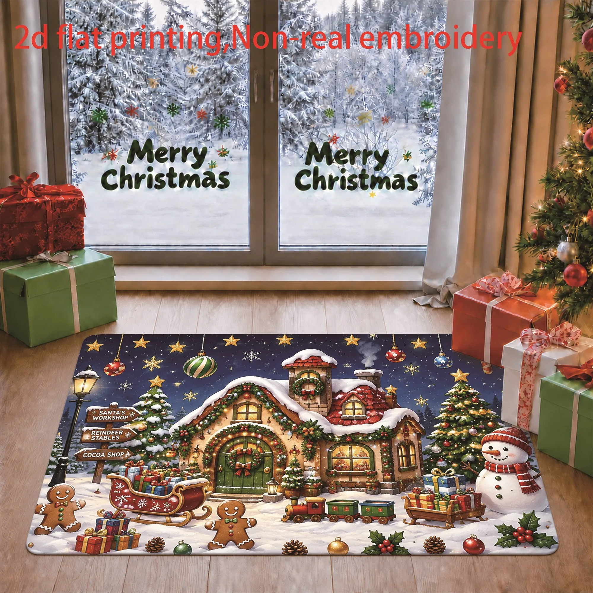 Xmas Welcome Letter Printed Floor Rug Colorful Xmas Tree Snow Star Carpet For Bedroom Winter House Decor
