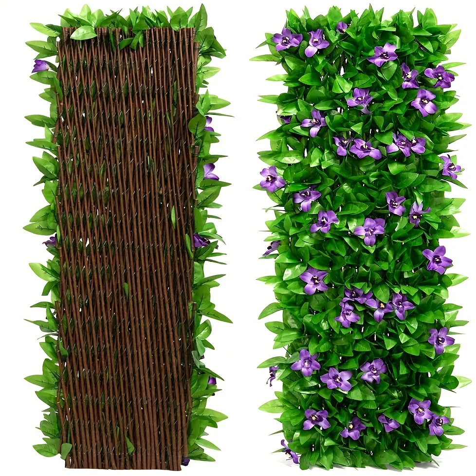 

Artificial Orchid & Ivy Privacy Fence Screen - Vibrant Purple Flowers & Green Leaves, Expandable Decorative Wall for Outdoor