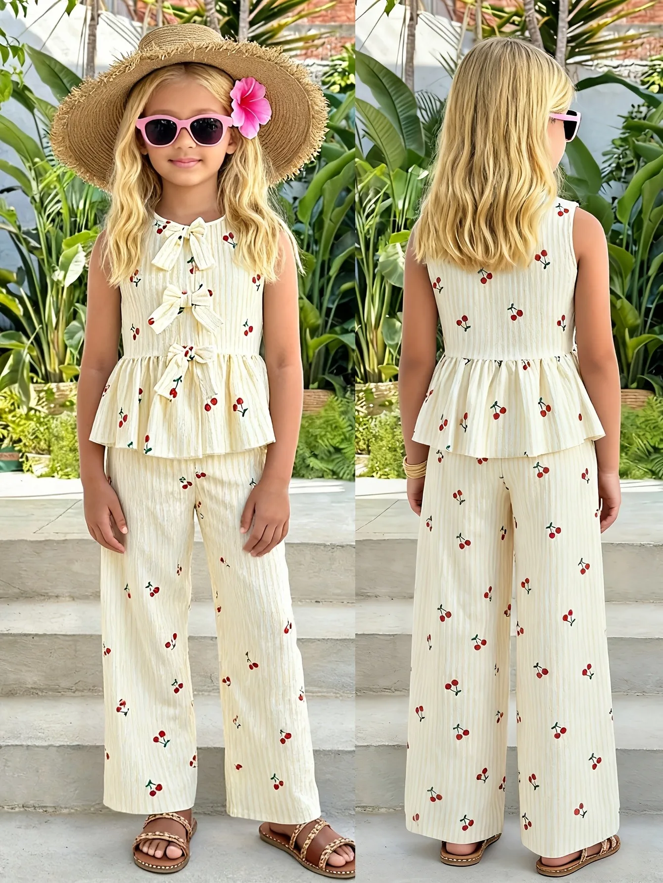 4-12 Jahre Mädchen 2-teiliges Set mit Kirschmuster, ärmellosem Peplum-Top und weiter Hose, süßes, lässiges Sommer-Urlaubsoutfit für Kinder – Detail 1