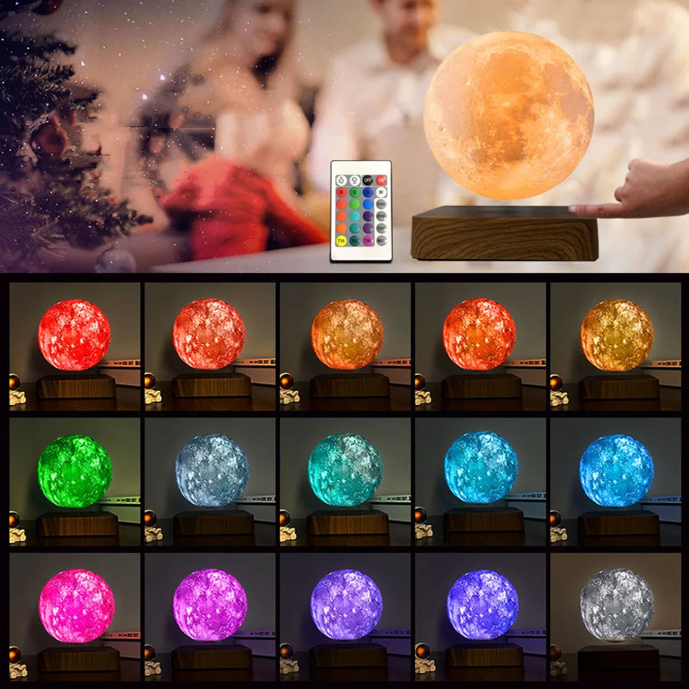 Imagem -05 - Criativo 3d Levitação Magnética Rgb Lua Lâmpada Rotating Led Night Light para Decoração de Casa Presente Atmosfera Lua Flutuante Lâmpada