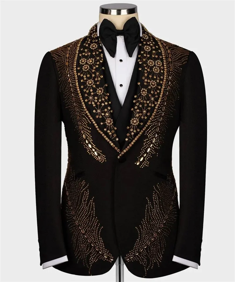 

Golden Crystals Men Suits Set 2 Pcs Blazer+Pant Trousers Luxury Wedding Tuxedo Cotton Formal Office Groom Prom Jacket Coat