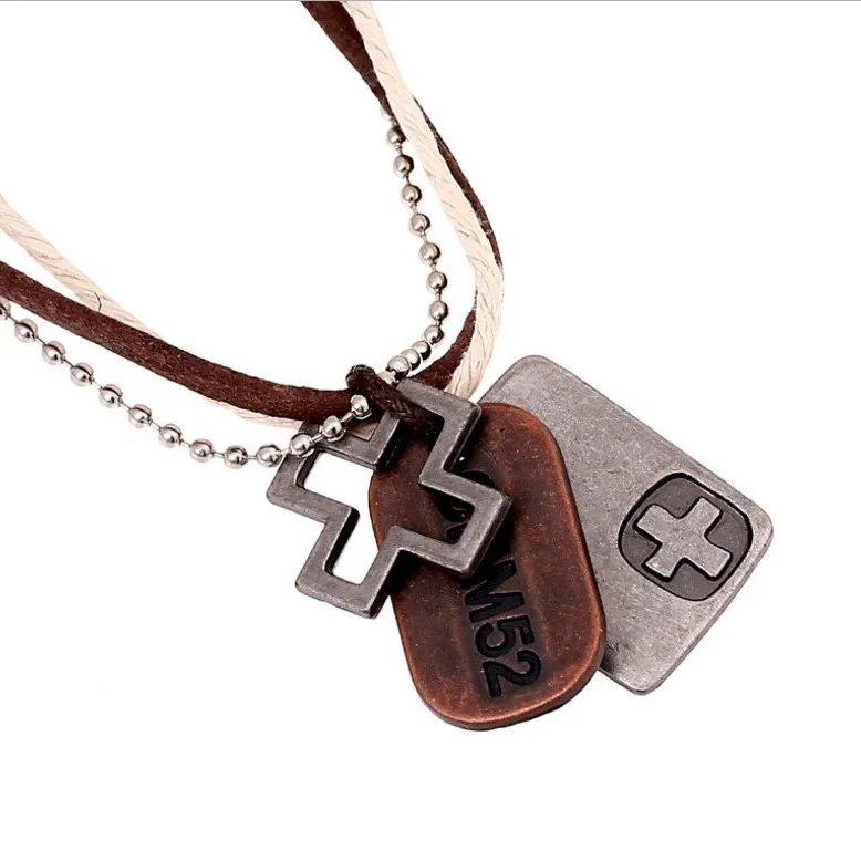 

AETEEY Vintage Leather Rope Necklace Alloy Dog Tag Pendant Street Hiphop Casual Neck Chain