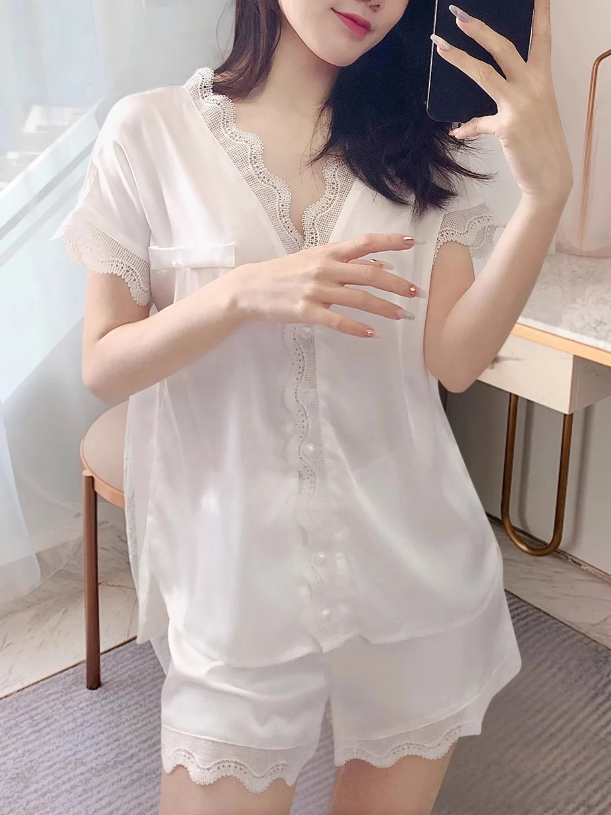 

2024 Sexy Lace Trim Ice Silk ort Sve Spwear Set Women's Summer Thin Casual Home Clothes Thin ort Pants V-ne Home ...