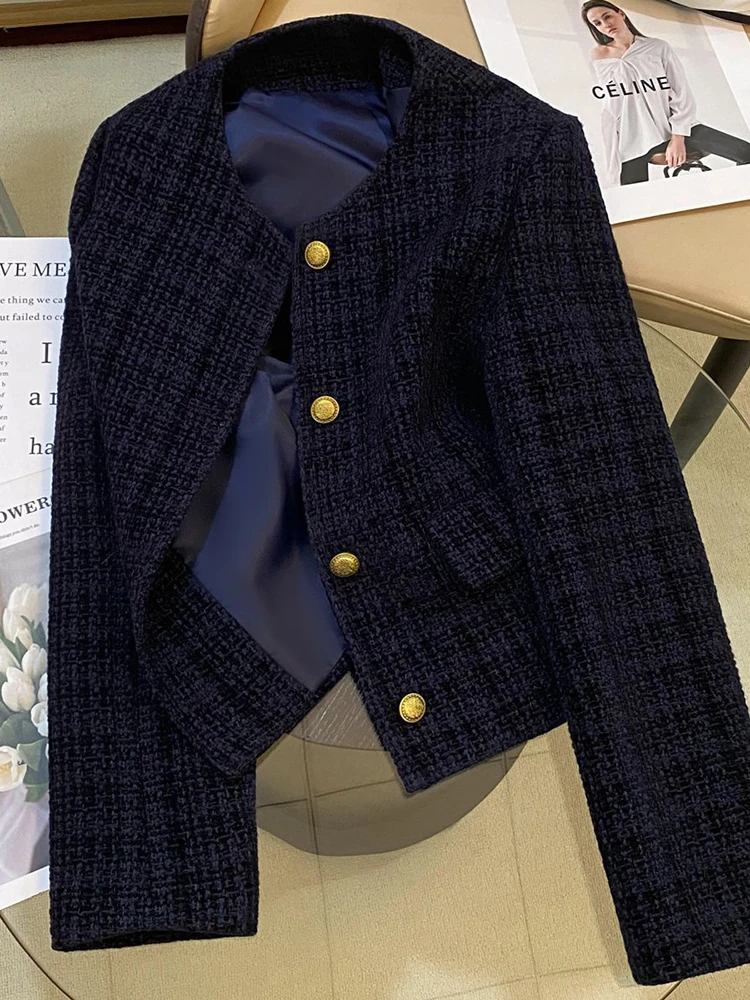 سترات نسائية أنيقة عتيقة بأكمام طويلة ورقبة دائرية وأزرار للمكتب سترة بدلة متينة لخريف وشتاء معاطف دافئة جمالية غير رسمية