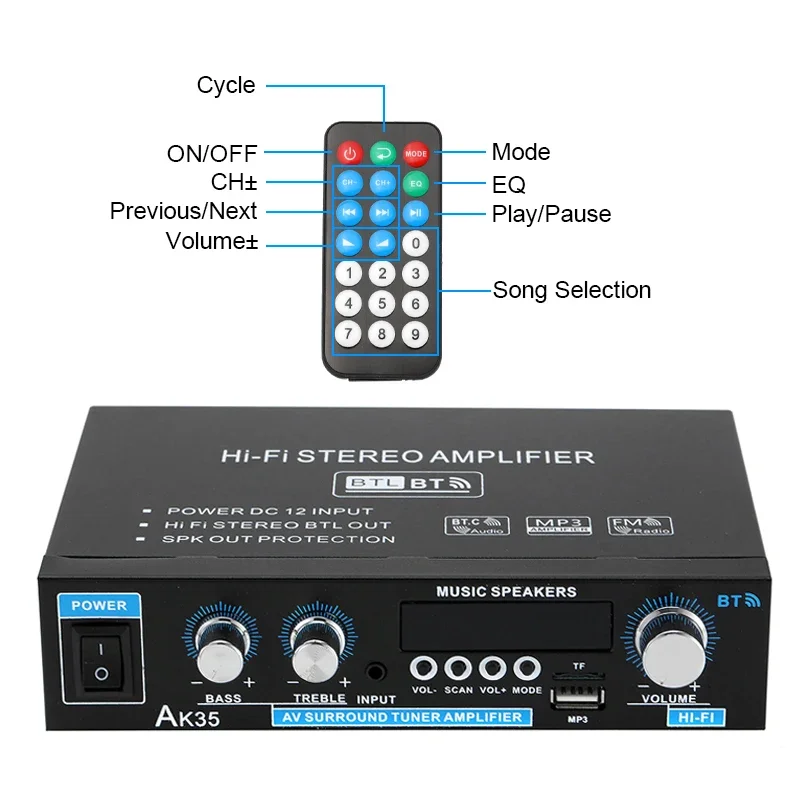 

AK35 800W Home Power Amplifier 2 Channel Bluetooth 5.0 Mini Hifi Digital Stereo Sound Amplifier Support FM USB SD Mic input