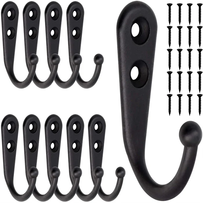 10Pcs Black Small Hooks Wall Mounted with 20Pcs Screws for Hanging Bag Robe Towels Keys Save Space