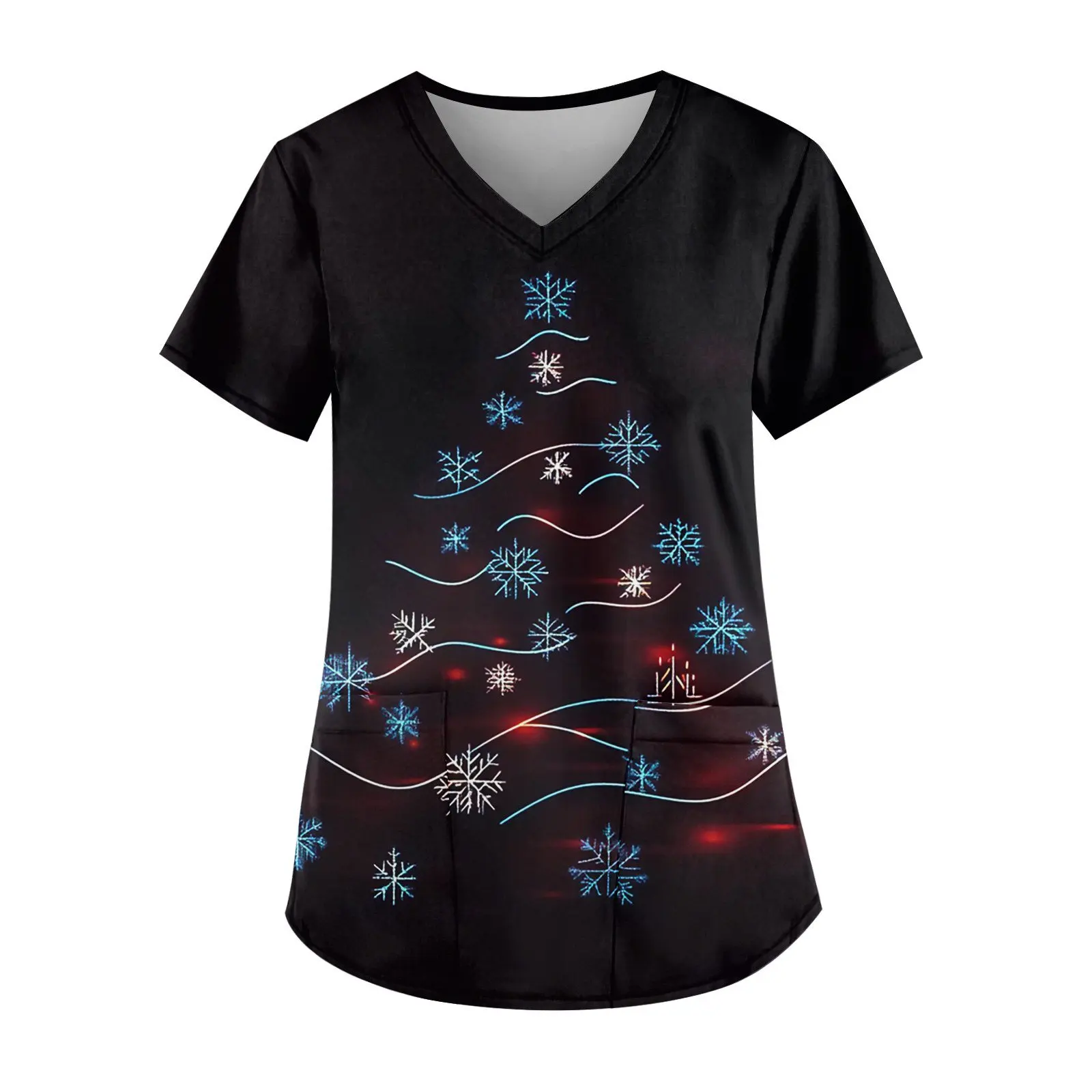 女性用プリント衣類,伸縮性生地,Vネック,半袖,ポケット,ミニマリストトップ,通気性,クリスマスウェア,2018