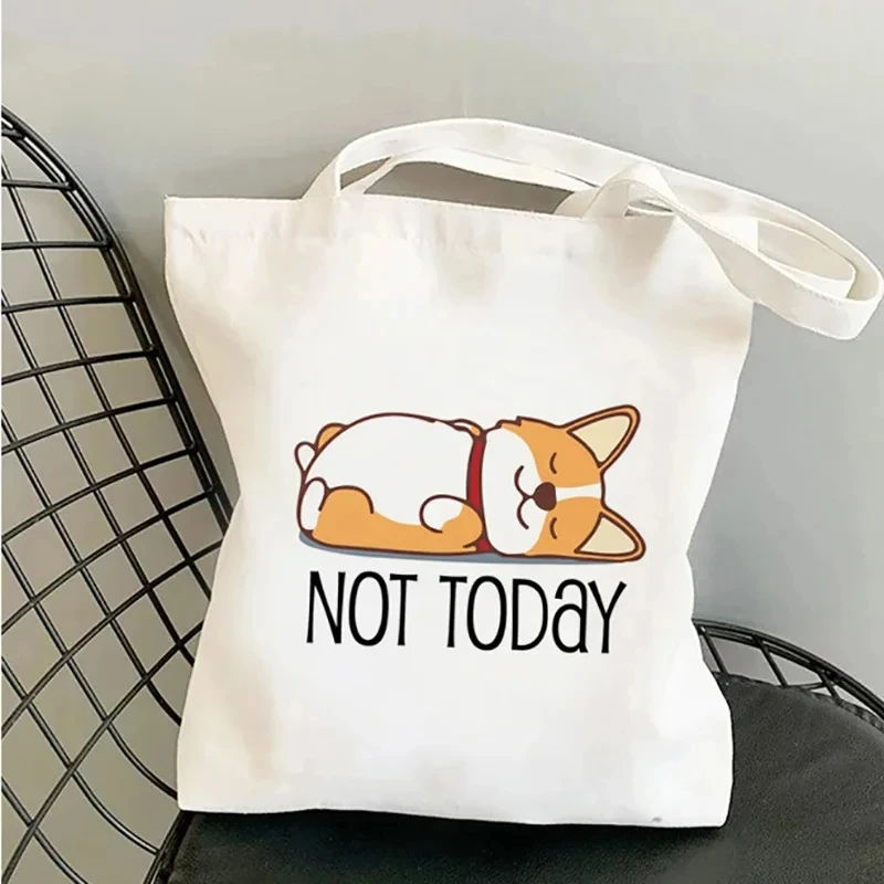 Cute Corgi Dog Printing Shoulder Bag Casual Eco-friendly Shopping Bag Ladies Large Capacity Shopping Bag Canvas Tote Bag