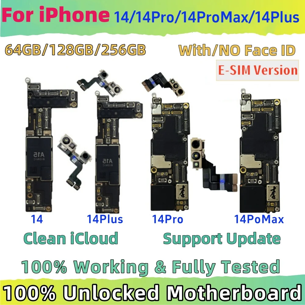 Fully Tested For iPhone 14 Pro Max Logic board Unlocked For iphone 14 Plus Motherboard No/With Face ID Clean iCloud mainboard