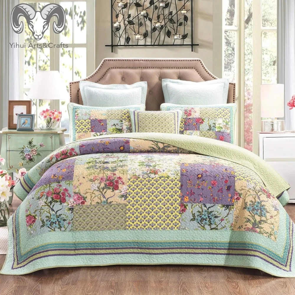 

Patchwork Bedspread Quilt Set Oversized (Touch Floor Size) - Reversible Breathable Colorful Blanket Floral Quilted