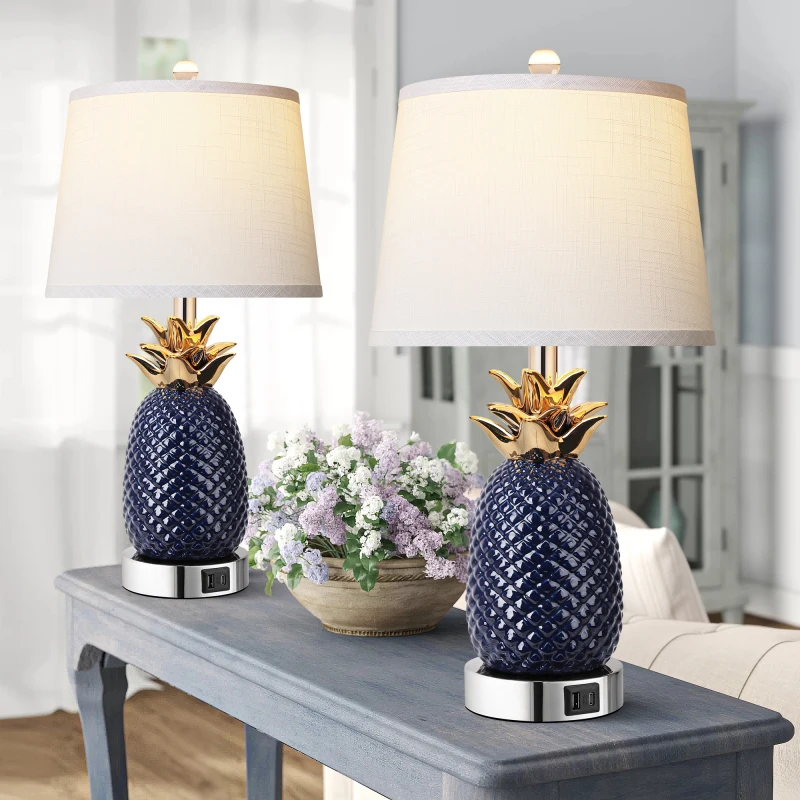 22 Inch Pineapple Set Of 2 3 Way Dimmable Ceramic Lamp Navy Blue Modern Living Room Lamp With USB Port Coastal Tall Table Lamps