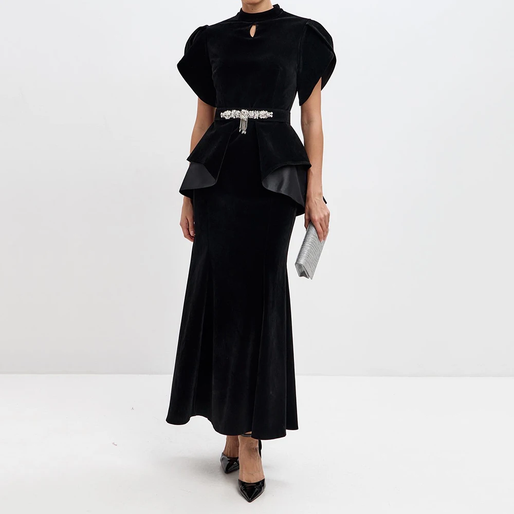 

Customized A-line Evening Dresses Ankle-length High-neck Short Sleeve Prom Gown Fashion Crystal Simple Draped Casual Party Gown