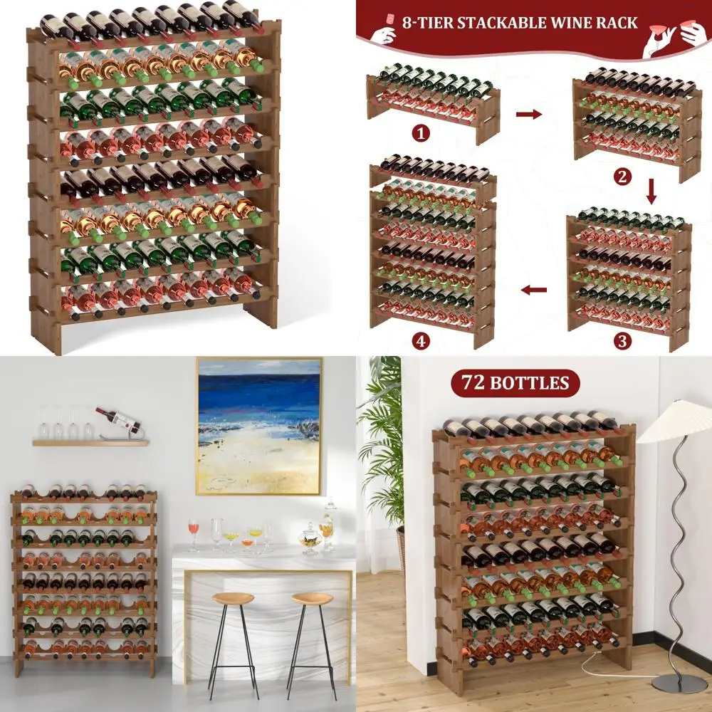 

Freestanding 72-Bottle Bamboo Wine Rack - 8-Tier Stackable Wooden Storage for Kitchen, Bar, and Pantry