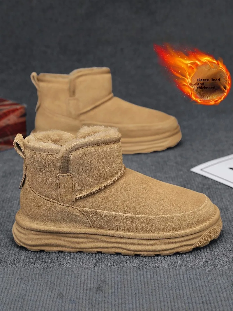 

Men's Winter Thickened Warm Fur Lined Snow Boots Waterproof Non-Slip Synthetic Leather Short Tube Boots Korean Style Youth Shoes