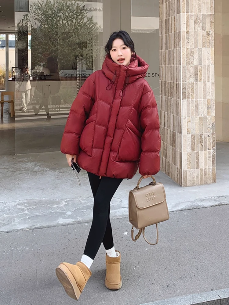 Warm Hooded down jacket Women's Oversize 2026 Winter Pockets Long sleeve puffer coat Female Outwear Solid color INKEO DJ637
