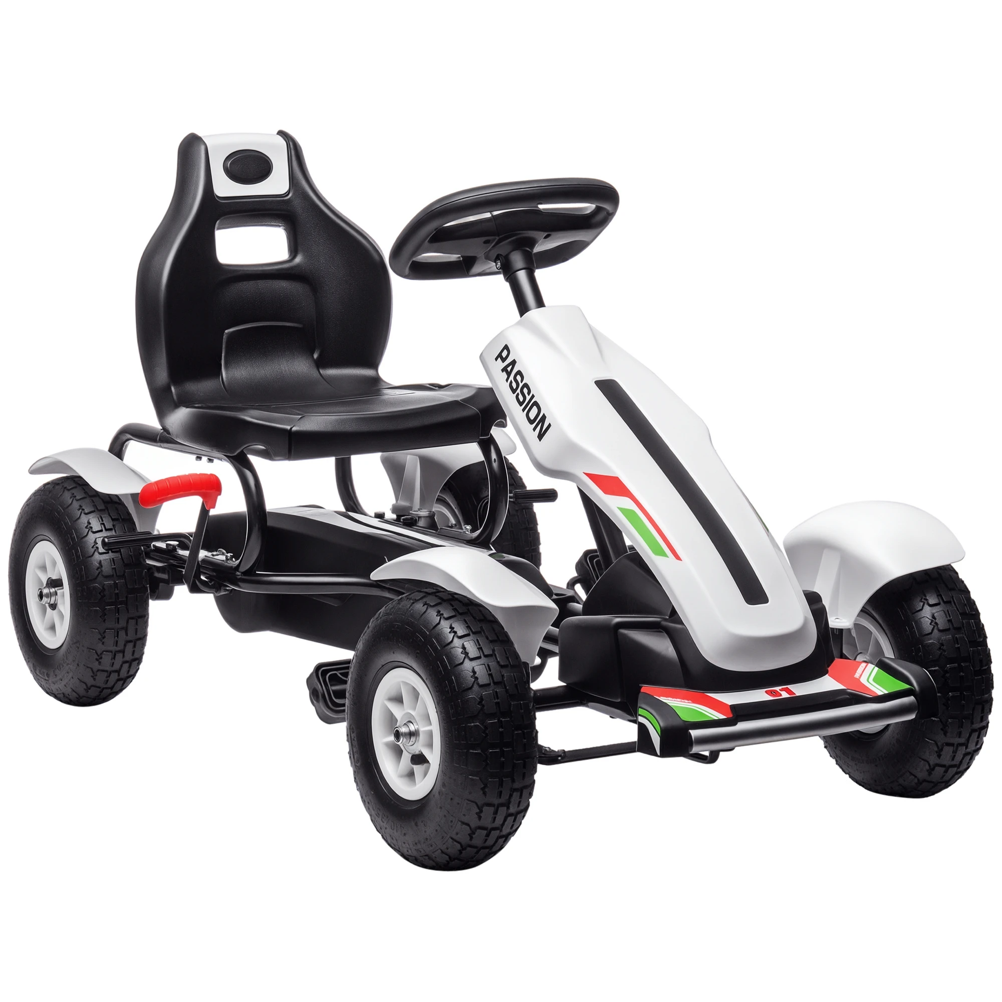 HOMCOM Go Kart a Pedales para Niños con Asiento Ajustable Neumáticos de Goma Freno de Mano Carga 50 kg 121x58x61 cm Blanco