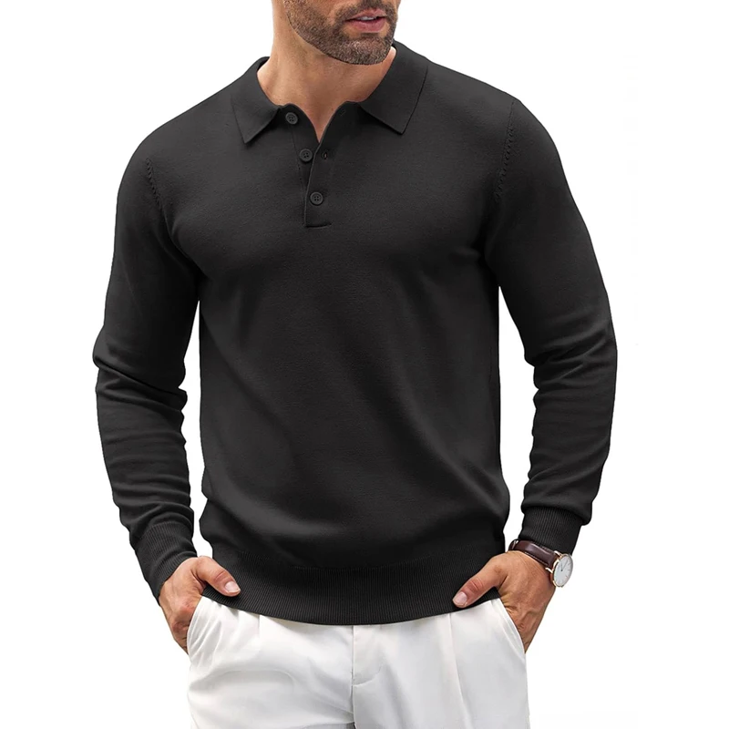 Outdoor Herren Strick-Poloshirt mit langen Ärmeln, lässig, klassisch, Poloshirts, Button-Down-Pullover, Thermo-Pullover, leichter Pullover